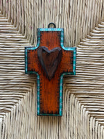 Corazon little wood cross- aqua/terra cotta