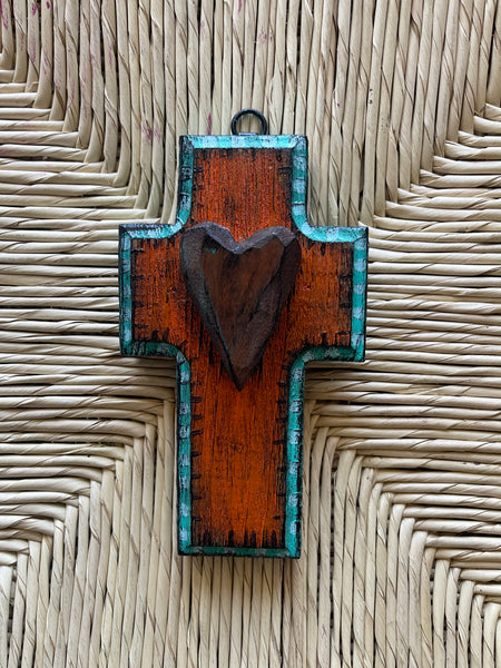 Corazon little wood cross- aqua/terra cotta