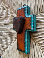 Corazon little wood cross- aqua/terra cotta