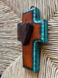 Corazon little wood cross- aqua/terra cotta