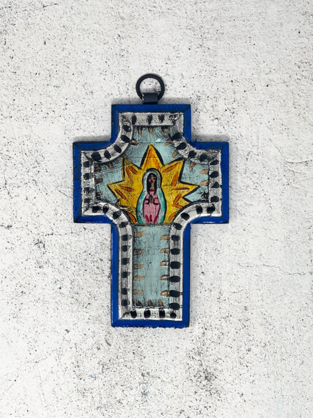 Virgen little wood cross- light blue